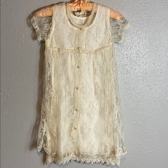 Vintage Elena Collection Ivory Lace Dress – Pearl Button Sheer Overlay Over Slip - Picture 13 of 16